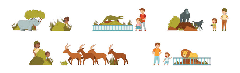 Safari Tour and Zoo Visit with Kids and Parent Watch Wild Animal Vector Set
