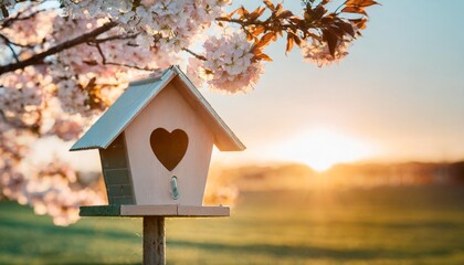 Obraz na płótnie Canvas spring birdhouse with spring cherry blossom background