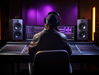 Modern music record studio control desk with PC screen showing UI of digital audio workstation....