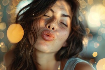 In a moment of whimsy, a woman blows a kiss, surrounded by a magical haze of golden bokeh.

 - obrazy, fototapety, plakaty