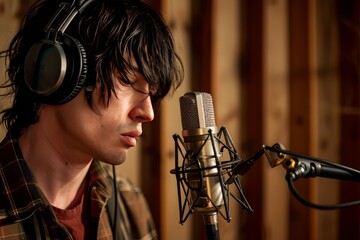 A portrait of a singer recording live at the microphone in a studio