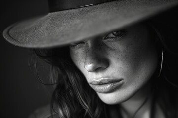 Mysterious allure of a woman in a wide-brimmed hat, her intense gaze captivating in a timeless monochrome portrait.

