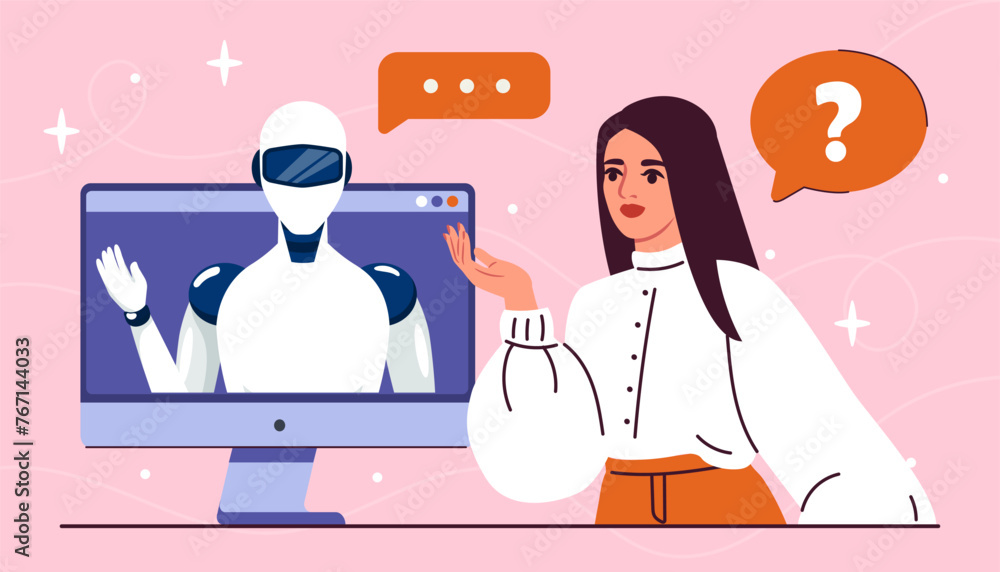 Poster online customer support concept. chatbot answer to womans questions. ai assistant. artificial intell