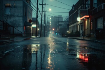 Wet streets of a city reflecting the neon glow and street lights on a foggy, atmospheric night setting a moody urban scene.

