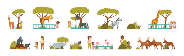 Safari Tour and Zoo Visit with Kids and Parent Watch Wild Animal Vector Set