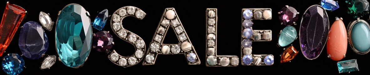 The word "SALE" composed of jewels and gemstones against a black background is suitable for luxury retail promotions or advertising campaigns.