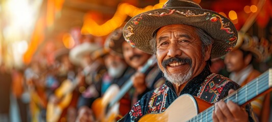 Mariachi band playing guitar, latin men in a Mexican fiesta - obrazy, fototapety, plakaty
