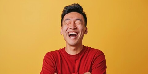Joyful East Asian Man Laughing Heartily