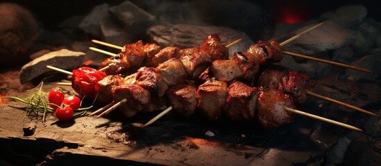 Assorted meat skewers roasting on a grill, a delicious dish in the making. A popular recipe for...