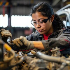 : Mechanic, A capable woman repairing a car engine, Auto repair shop background, woman, diversity --
