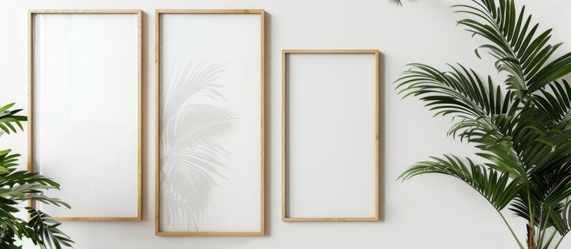 Large landscape mockup frames in various sizes such as 50x70, 20x28, A3, and A4, with a wooden frame and passe-partout displayed on a white wall alongside a palm leaf. The design aesthetic is clean,