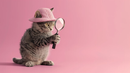 3D crafted scene of a detective cat with a magnifying glass, engaging in a playful investigation for International Cat Day, on a pastel isolated background with studio illumination and copy space