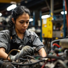 : Mechanic, A capable woman repairing a car engine, Auto repair shop background, woman, diversity --
