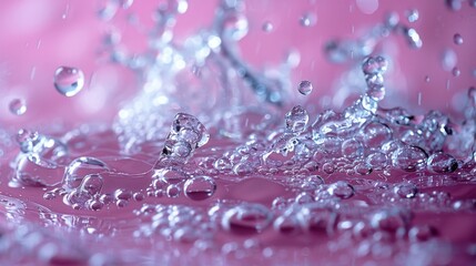  a close up view of water droplets on a pink surface with a blurry background of water droplets on a pink surface.