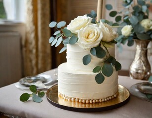 Biały piętrowy tort ślubny ozdobiony białymi kwiatami liśćmi eukaliptusa