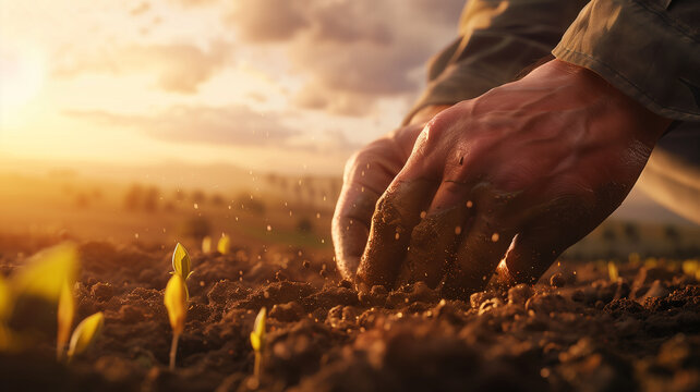  A 3D render close-up of a farmer's hands planting seeds, with a watercolor effect transforming the soil into a blend of earthy colors. Space on the left for text, against a sunrise farm landscape. 