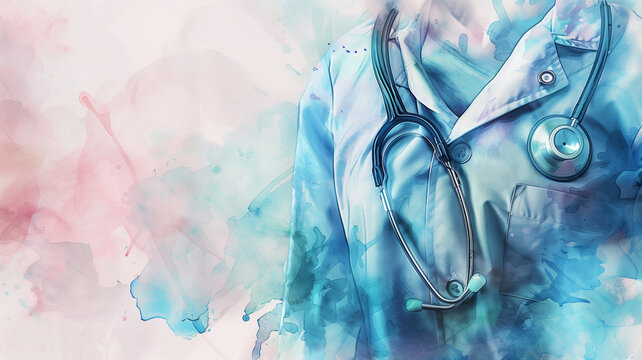  A 3D rendered stethoscope draped over a watercolor-blended nurse's uniform, 