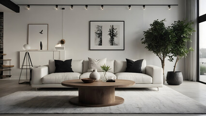 White sofa and black coffee table against white wall with art poster. Scandinavian boho home interior design of modern living room generative AI
