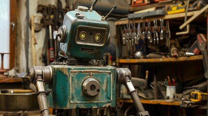 A closeup, realistic portrait of a vintage robot being repaired in an old workshop, filled with tools and mechanical parts, highlighting the contrast between obsolete technology and modern innovation