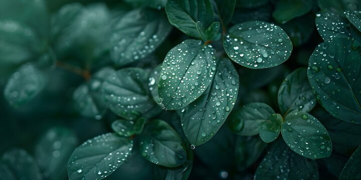 Raindrops on green leaves a vital part of carbon sequestration and achieving carbon neutrality. Concept Carbon Sequestration, Raindrops, Green Leaves, Sustainability, Carbon Neutrality