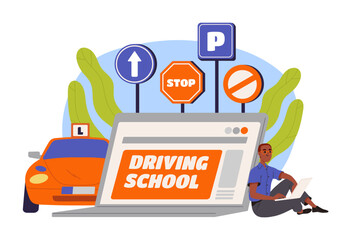 Online driving school concept. Man sitting near laptop with automobile and roadsigns. Driver occupation training and practicing. Cartoon flat vector illustration isolated on white background