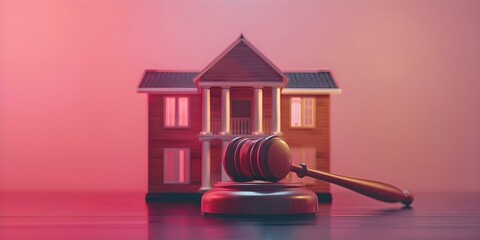 Real estate auction concept with gavel house model and legal AI symbolizing justice taxes profits and home buying. Concept Real Estate Auction, Gavel House Model, Legal AI, Justice Symbolism