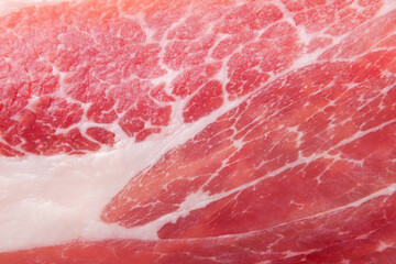 Jamon, dried meat background. Top view - 767145099