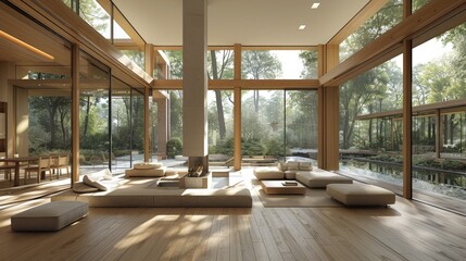  a living room with a lot of windows and a couch in the middle of the room with a lot of pillows on it.