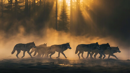 Silhouettes of wolves running in the misty forest at sunrise