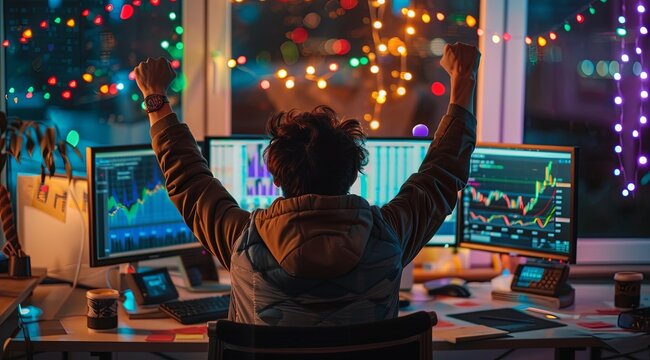 A Young Man Is Celebrating His Victory In Stock Trading, With Multiple Computer Screens Displaying Market Data And Financial Charts On The Desk Behind Him