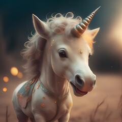 cute adorable Unicorn baby against miracle field  background. Digital artwork. Ai generated - 767145609
