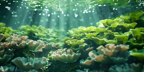 Algae in coral reef: A vibrant natural carbon sink in the underwater environment. Concept Algae, Coral Reef, Carbon Sink, Underwater Environment, Marine Ecosystem - obrazy, fototapety, plakaty