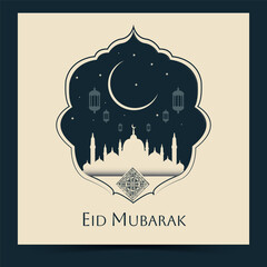 Eid Mubarak Poster design. Arabic Islamic Elegant White and Golden Luxury Ornamental Background with Islamic Pattern and Decorative Ornament Frame