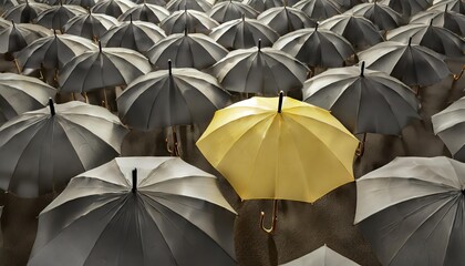 background with umbrellas individuality concept yellow umbrella stands out among black ones metaphor for unique offer stylish background with umbrellas individuality to stand out 3d image - obrazy, fototapety, plakaty