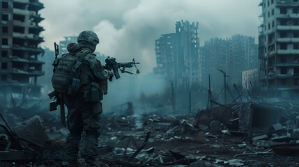  Soldier with rifle holding baby in apocalyptic city - obrazy, fototapety, plakaty