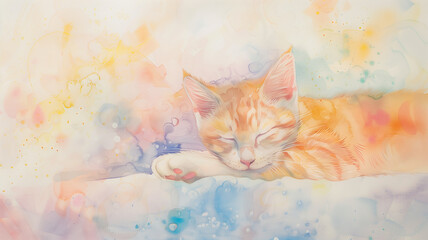 Obraz premium Whimsical watercolor cat, pastel paradise, soft studio glow, designed for engaging stories