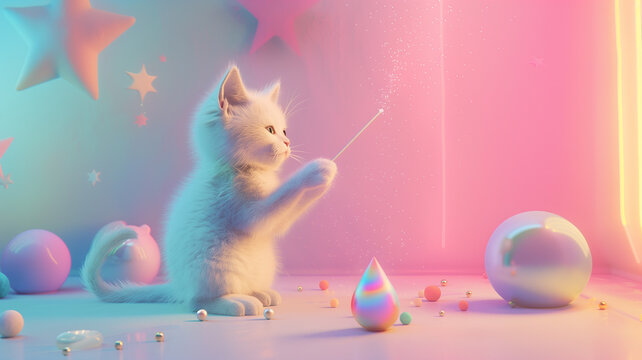 Whimsical 3D artwork of a cat wizard casting a spell with a magic wand, celebrating International Cat Day, on a dreamy pastel isolated background, illuminated by studio lights, with copy space