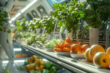 A futuristic grocery store with a variety of fruits and vegetables on display. The produce is arranged in a way that makes it easy for customers to see and select what they want - obrazy, fototapety, plakaty