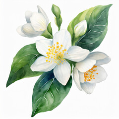 Watercolor illustration of Jasmine flower with green leaves on white background. Hand drawn floral art.