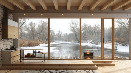  a living room filled with furniture and a fire place in front of a large window covered in frosted glass.
