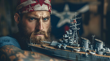  Redneck holding Texas battleship toy with Texas background - obrazy, fototapety, plakaty