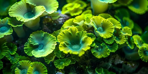 Vibrant algae in coral reef: A natural carbon sink capturing carbon in underwater ecosystems. Concept Coral Reefs, Algae, Carbon Sequestration, Underwater Ecosystems, Climate Change - obrazy, fototapety, plakaty
