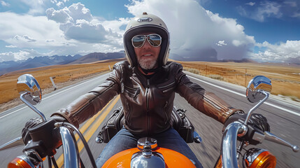 Biker in leather jacket and helmet riding a motorcycle on the road