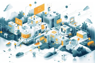 A cityscape with many buildings and people. The buildings are connected by a network of wires and the people are scattered throughout the scene. Scene is one of a bustling, interconnected city