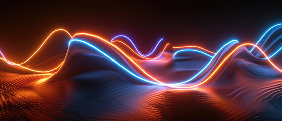Wavy neon lines over digital landscape