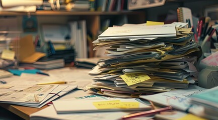 A cluttered desk with notes, pens and papers scattered everywhere. - obrazy, fototapety, plakaty