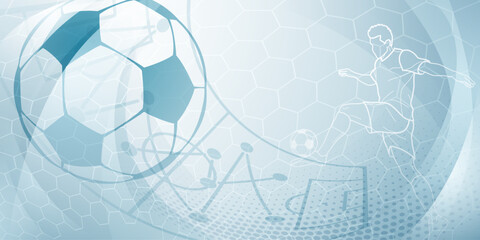 Football themed background in light blue tones with abstract dots, meshes and curves, with sport symbols such as a football player, stadium and ball