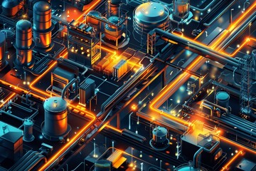 A futuristic cityscape with a lot of industrial buildings and a lot of orange and blue lights - obrazy, fototapety, plakaty