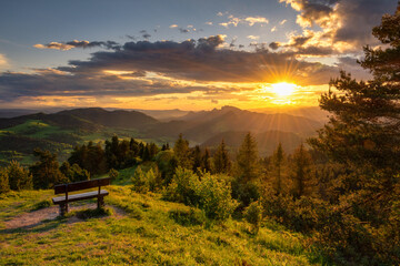 Beautiful colorful sunset in Pieniny mountains, Wysoki Wierch, Poland