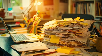 A cluttered desk with notes, pens and papers scattered everywhere. - obrazy, fototapety, plakaty